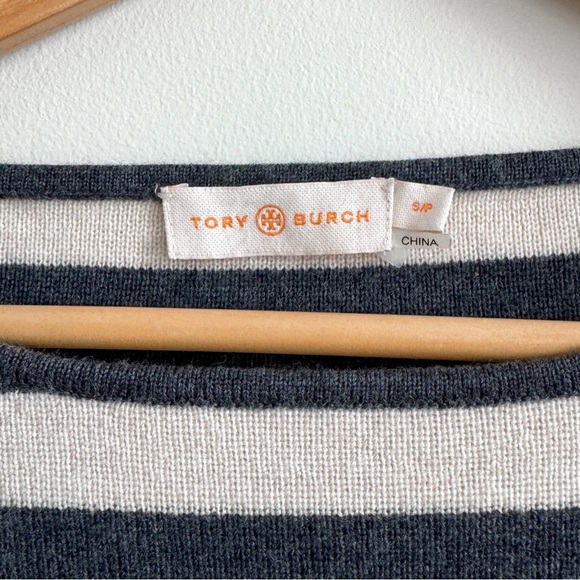 🏷️ SOLD • TORY BURCH • Kim Merino Wool Striped Sweater in Birch/Charcoal • Small - Picture 4 of 12